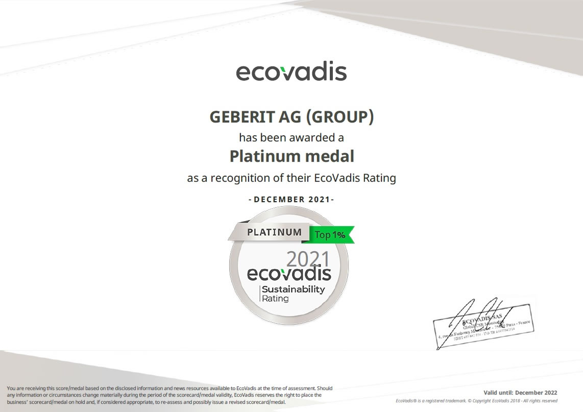 Geberit Grupa ponovno je nagrađena najvišim priznanjem od strane Ecovadis platforme za upravljanje održivošću