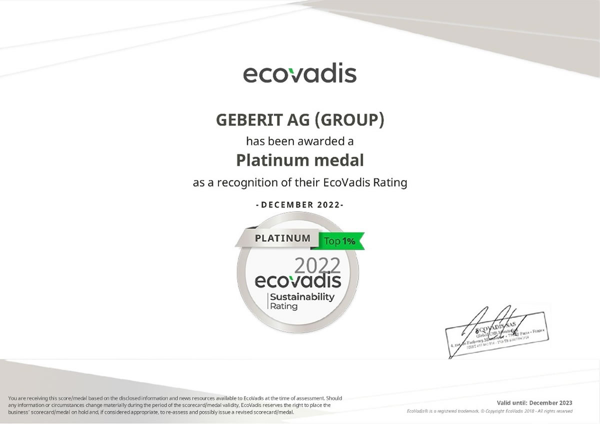 Geberit Grupa treći put zaredom nagrađena Platinastom medaljom od platforme EcoVadis