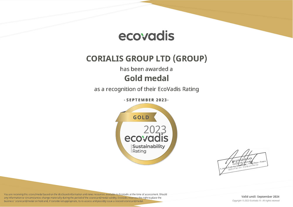 Grupa Corialis nagrađena je zlatnom medaljom vodeće globalne platforme za ocjenjivanje EcoVadis