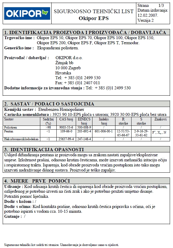 Sigurnosno tehnički list OKIPOR EPS