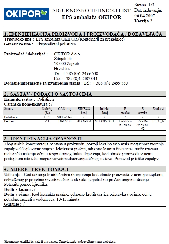 Sigurnosno tehnički list EPS ambalaža OKIPOR