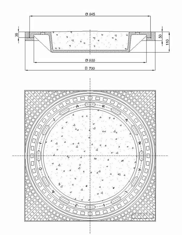 Okrugli kanalizacijski poklopci Ø 600 mm, s betonskom ispunom, s kvadratnim okvirom - art. 338